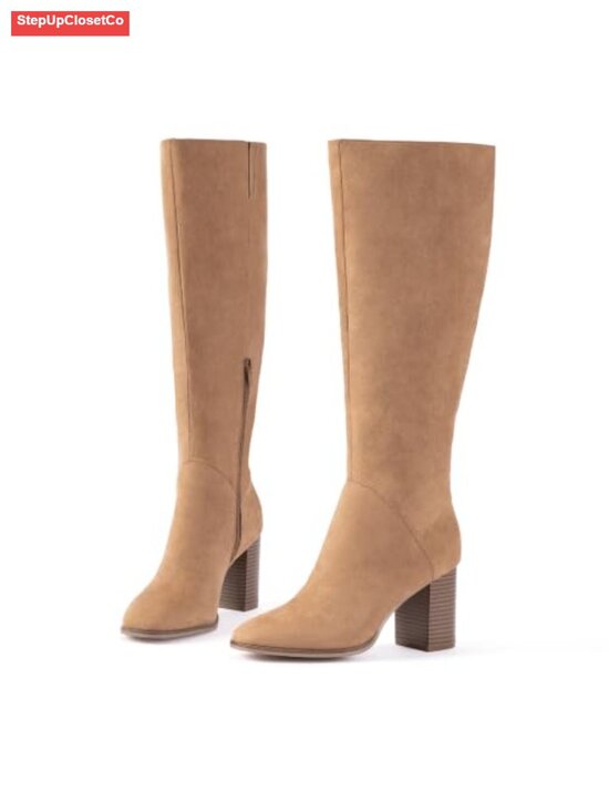 Shoes - Women's Knee High Boots Faux Suede Block Heel Square Toe Side Zipper